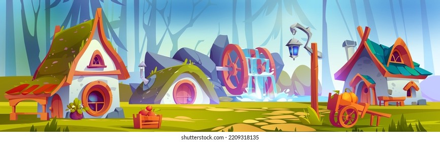 Gnome village with houses, water mill and lantern in forest. Summer woods landscape with trees, fantasy buildings and watermill with wooden wheel, vector cartoon illustration