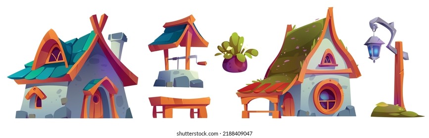 Gnome village set with fantasy houses, water well and wooden bench. Vector cartoon illustration of fairy tale home buildings, forest huts, lantern and plants isolated on white background