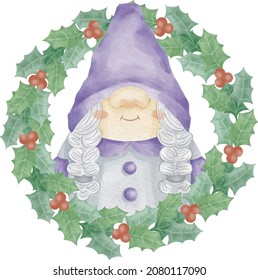 Gnome watercolor. Holly wreath with red berries watercolor clipart and girl gnome. Christmas sublimation design.