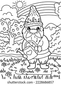 
Gnome with a watering can in the garden. Coloring book for children. Gnome coloring book. Black and white vector illustration.