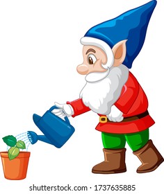 Gnome watering little tree cartoon character on white background illustration