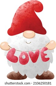 A gnome wearing a red hat holding a love text