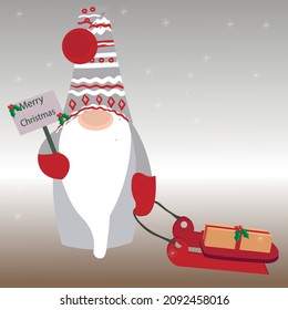 Gnome in winter wishes you Merry Christmas. With sledges and a gift. It's snowing, Postcard, banner, advertisement.