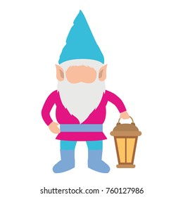 gnome without face and colorful costume with hand lamp on white background