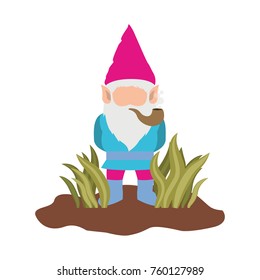 gnome without face coming out of the bushes with smoking pipe on white background