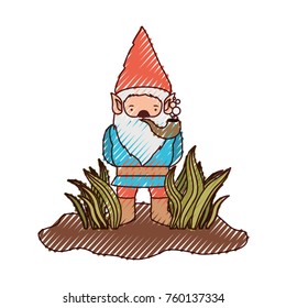 gnome without face coming out of the bushes with smoking pipe on colored crayon silhouette