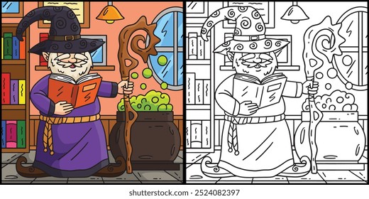 Gnome Wizard Coloring Page Colored Illustration