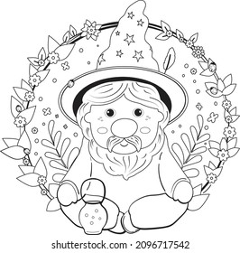 A gnome wizard with a kerosene lamp sits in a magical woods against the backdrop of a wreath of leaves, flowers and ladybug. Coloring Page or Book for Kids and Adults