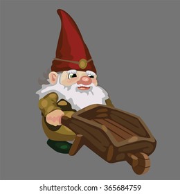 Gnome works with the garden cart. Vector.