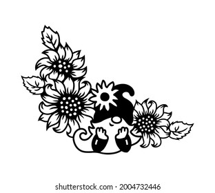 Gnome wuth sunflowers or daisy flowers on white background. Vector illustration.