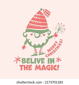 Gnome with Xmas fireworks. Christmas and new year little vector gnome design for print, sublimation, cutting file. . Winter holiday cartoon for card, header, post, social