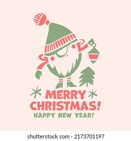 Gnome with Xmas lantern and Christmas tree. Winter holiday cartoon for card, header, post, social. Christmas and new year little vector gnome design for print, sublimation, cutting file.