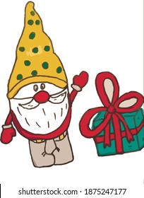 gnome in a yellow cap with a gift