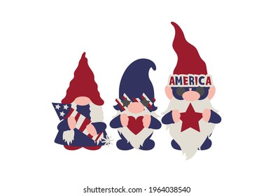 Gnomes for 4th of July, American Flag Patriotic Day in USA flat cartoon characters with Stars and Stripes accessories: firework, heart, America sunglasses, vector illustration, Independence Day gnomes