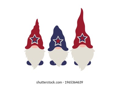 Gnomes for 4th of July American Flag, Patriotic Day in USA flat cartoon characters in hats with USA flag colours stars, vector illustration, Independence Day gnome, July patriotic celebration party 