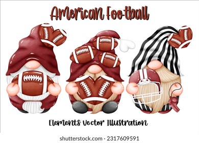 Gnomes American Football Ball Helmet Whistle Element Watercolor Vector File ,Clipart Cute cartoon vintage-Retro style For banner, poster, card, t shirt, sticker