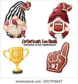 Gnomes American Football Ball Helmet Whistle Element Watercolor Vector File ,Clipart Cute cartoon vintage-Retro style For banner, poster, card, t shirt, sticker