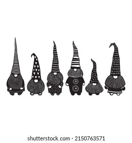 Gnomes, black and white illustration isolated. Linocut style