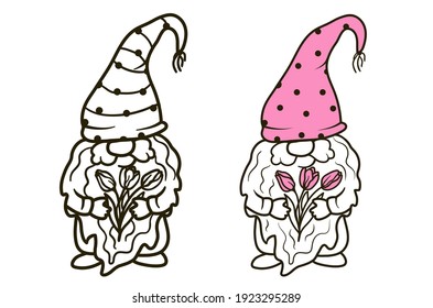 Gnomes with bouquets of tulips. Illustration for cutting, coloring and congratulations.