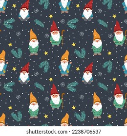 Gnomes and branches of a Christmas tree. Seamless pattern, vector illustration