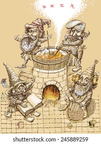Gnomes to brew beer. Vector cartoon