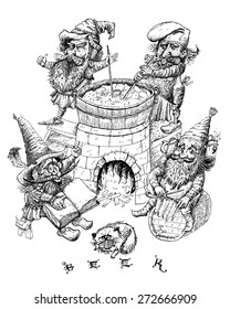 Gnomes to brew beer. Vector cartoon in engraved style