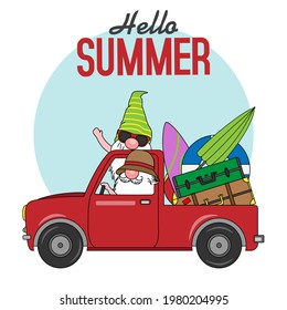 Gnomes in car going on vacation to the beach. Isolated vector