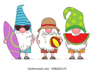 Gnomes in car going on vacation to the beach. Isolated vector