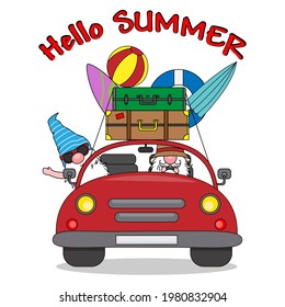 Gnomes en auto yendo de vacaciones a la playa. Vector aislado