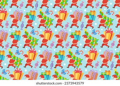 Gnomes carrying gift boxes and Christmas trees, seamless pattern. Cartoon Christmas repeating pattern with gnomes, gifts and candy.