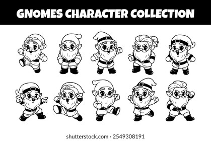 Gnomes character outline vector illustration set