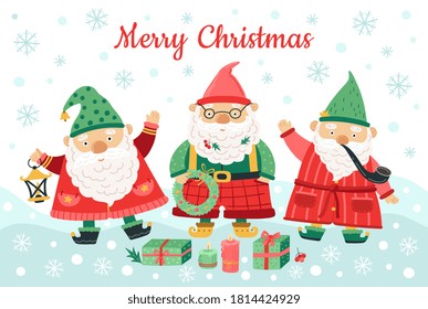 Gnomes christmas characters. Funny dwarfs, smiling men on snow background. Nordic season background, winter greetings vector illustration