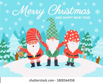 Gnomes christmas characters. Xmas greeting card with cute dwarfs, winter elements and lettering, december holidays vector background. Happy new year. Snowy lawn with fir trees and snowflakes