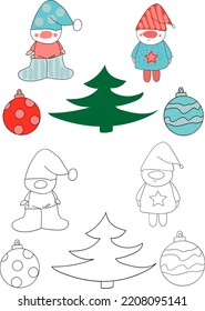 Gnomes with Christmas toys clipart Coloring Page. Hand-drawn doodles illustration. Line art. Icon