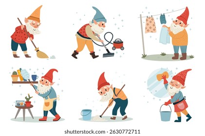 gnomes cleaning the house, sweeping, vacuuming, dusting and washing. on white background vector illustration concept for advertising household chores