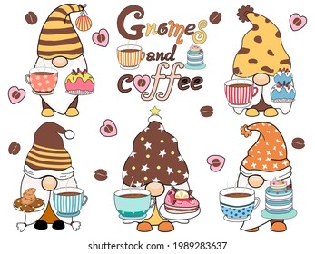 The gnomes and coffees are designed with doodle style in brown tones for Cloth bag pattern, T-shirt, coffee mug, digital printing, fabric printing, pattern, coffee shop decoration, logo and more.