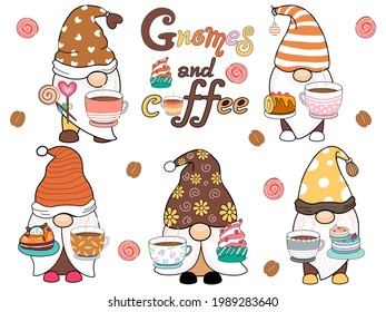 Los gnomos y cafés están diseñados con el estilo doodle en tonos marrones para el patrón de bolsos de tela, camiseta, taza de café, impresión digital, impresión de tela, patrón, decoración de cafetera, logo y más.