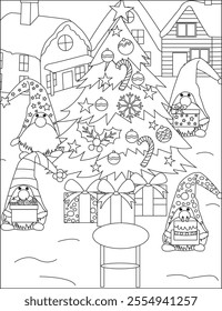 Gnomes decoding Christmas tree coloring book page vector