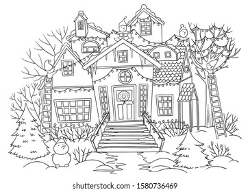 Gnomes decorating house with Christmas lights outdoors. Snowy house, fir-trees, snowman in Christmas holiday season. Coloring page for children and adults. Vector illustration