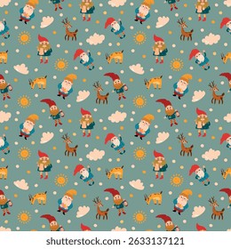 Gnomes, Deer, Sun, and Clouds Seamless Pattern. Endless textures for your design
