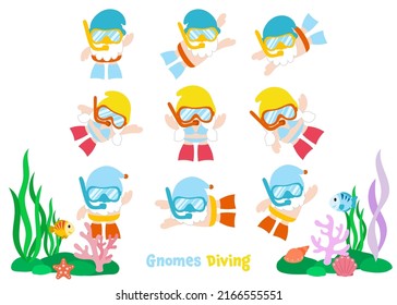 Gnomes Diving Summer, Flat Clipart