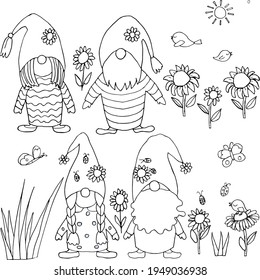 Gnomes doodle vector set. Clipart: spring, summer flowers, birds, butterflies and cute gnomes.