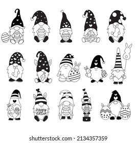 gnomes for Easter Bundle, rabbit,easter egg.line art style.vector illustration