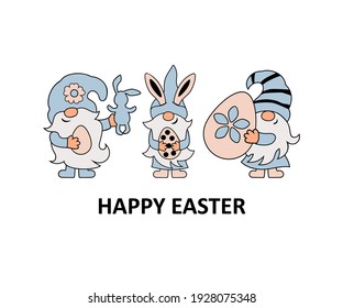 Gnomes with eggs and bunny ears on white background. Happy Easter. Vector illustration.