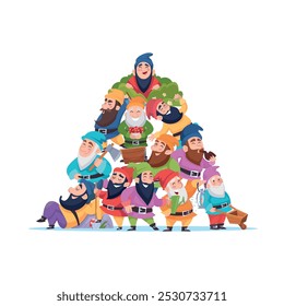 gnomes. fairy tale funny characters crowd of gnomes. vector cartoon fantasy persons