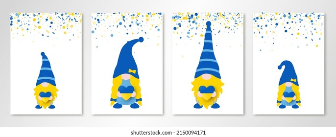 Gnomes Family holding hearts in Ukrainian flag colors. Banners set with blue yellow confetti on four white sheets. Vector illustration