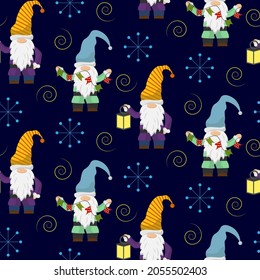 Gnomes with a flashlight and flags. Christmas pattern on a blue background. Vector illustration. For use in prints, covers and flyers, baby products, packaging.