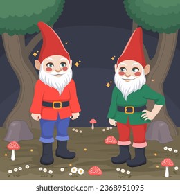 Gnomes friends on forest background surrounded by flowers and amanita mushrooms vector illustration. Fairytale drawing