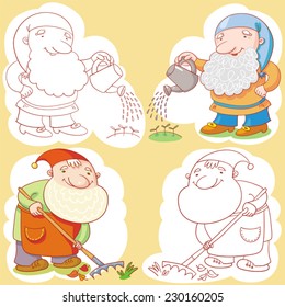Gnomes, Garden Rakes And Watering Pot.