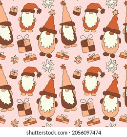 Gnomes with gifts Seamless vector pattern. Merry Christmas and Happy New Year! Children's illustration for the design of wrapping paper, fabric, cards.